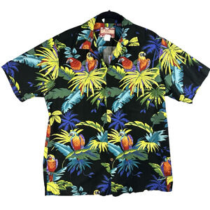 RJC Hawaiian Shirt Mens Medium Black Parrot Tropical Aloha Camp Button Front USA